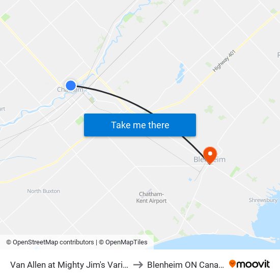 Van Allen at Mighty Jim's Variety to Blenheim ON Canada map