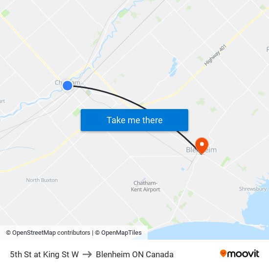 5th St at King St W to Blenheim ON Canada map