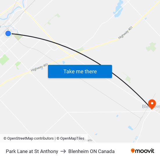 Park Lane at St Anthony to Blenheim ON Canada map