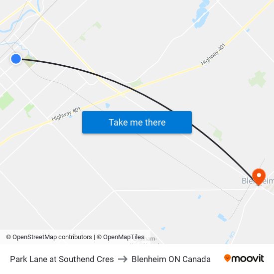 Park Lane at Southend Cres to Blenheim ON Canada map