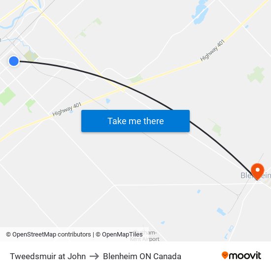 Tweedsmuir at John to Blenheim ON Canada map