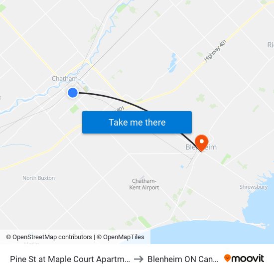 Pine St at Maple Court Apartments to Blenheim ON Canada map