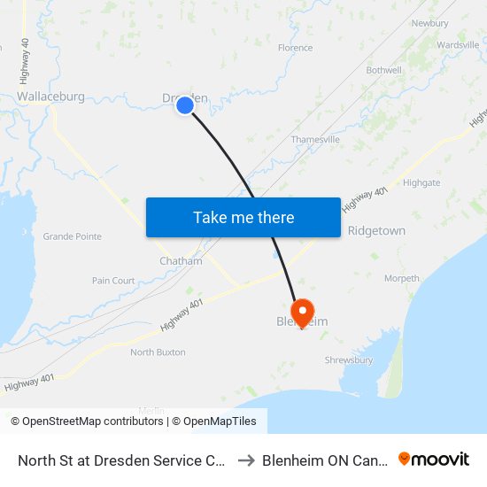North St at Dresden Service Centre to Blenheim ON Canada map