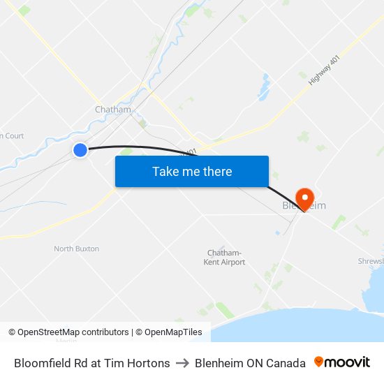 Bloomfield Rd at Tim Hortons to Blenheim ON Canada map