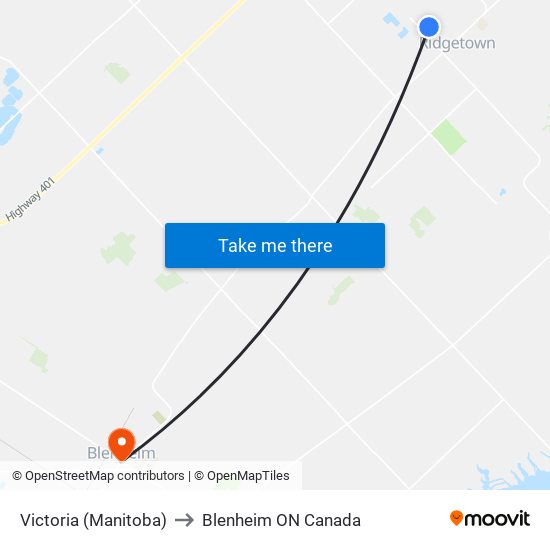 Victoria (Manitoba) to Blenheim ON Canada map