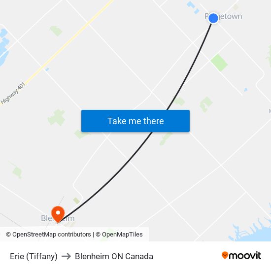 Erie (Tiffany) to Blenheim ON Canada map