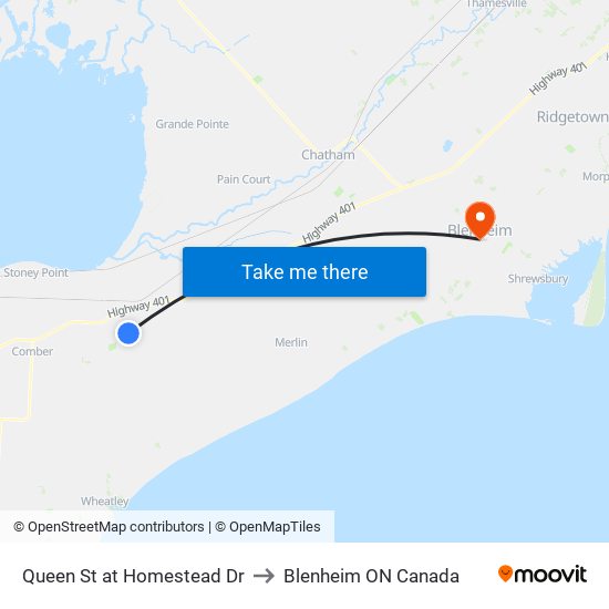 Queen St at Homestead Dr to Blenheim ON Canada map