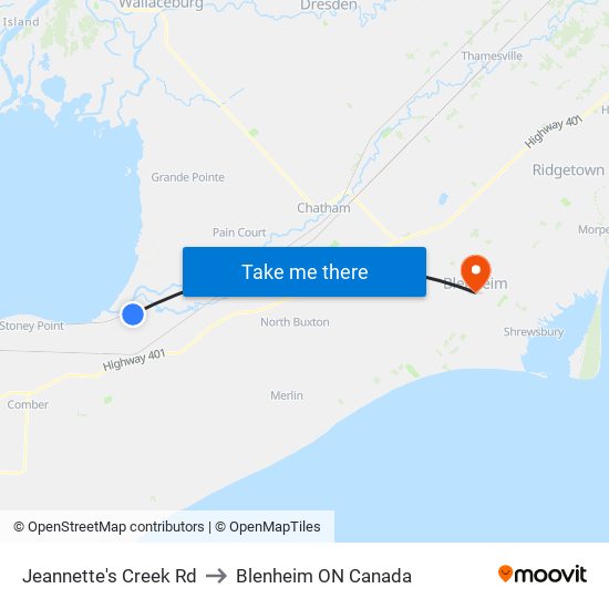 Jeannette's Creek Rd to Blenheim ON Canada map