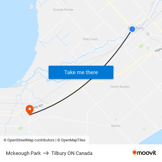 Mckeough Park to Tilbury ON Canada map