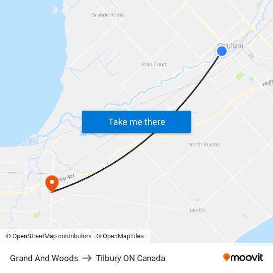 Grand And Woods to Tilbury ON Canada map