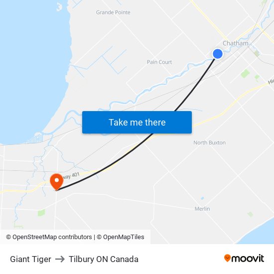 Giant Tiger to Tilbury ON Canada map