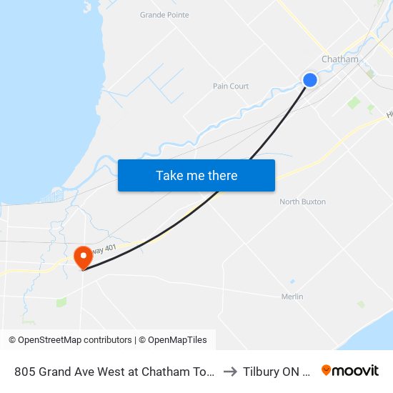 805 Grand Ave West at Chatham Tower Apartments to Tilbury ON Canada map