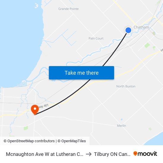 Mcnaughton Ave W at Lutheran Church to Tilbury ON Canada map