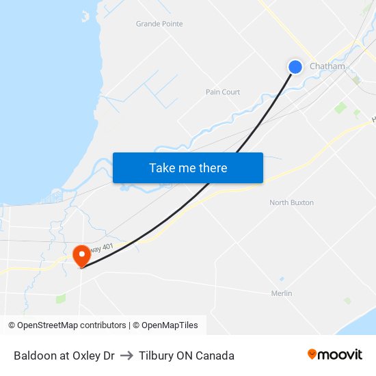 Baldoon at Oxley Dr to Tilbury ON Canada map