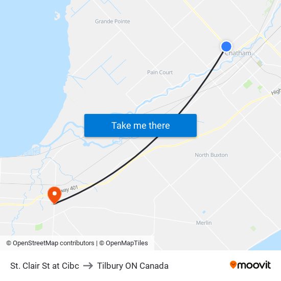 St. Clair St at Cibc to Tilbury ON Canada map