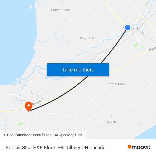 St Clair St at H&R Block to Tilbury ON Canada map