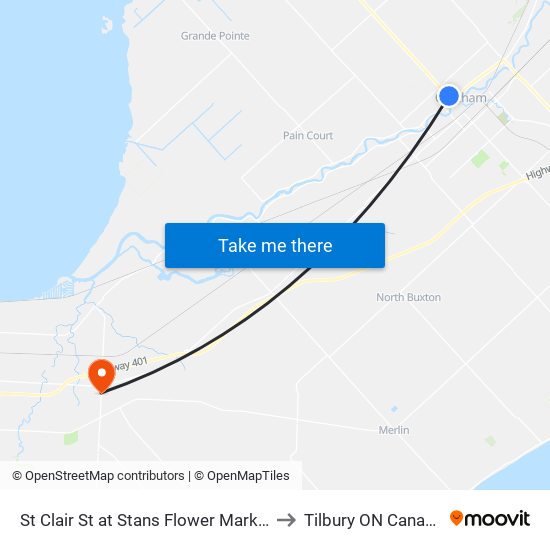 St Clair St at Stans Flower Market to Tilbury ON Canada map