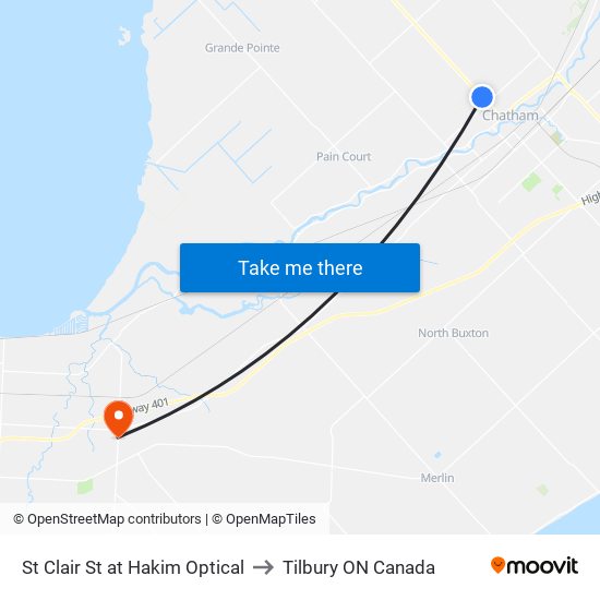 St Clair St at Hakim Optical to Tilbury ON Canada map