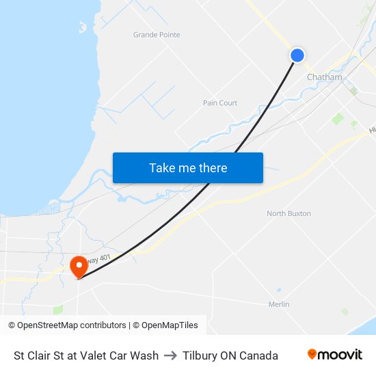 St Clair St at Valet Car Wash to Tilbury ON Canada map