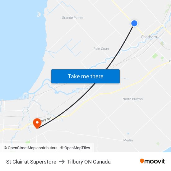 St Clair at Superstore to Tilbury ON Canada map