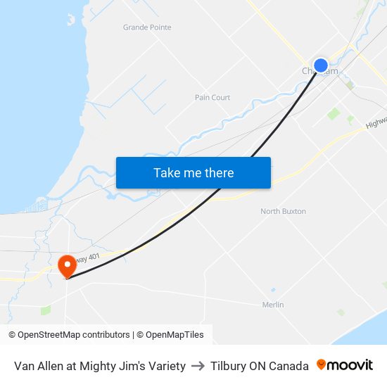 Van Allen at Mighty Jim's Variety to Tilbury ON Canada map
