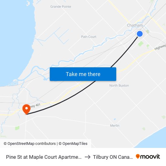 Pine St at Maple Court Apartments to Tilbury ON Canada map