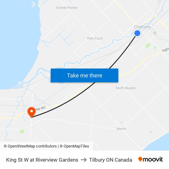 King St W at Riverview Gardens to Tilbury ON Canada map