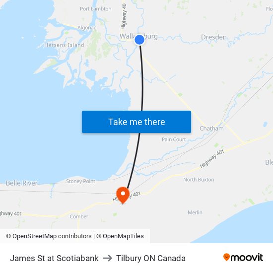 James St at Scotiabank to Tilbury ON Canada map