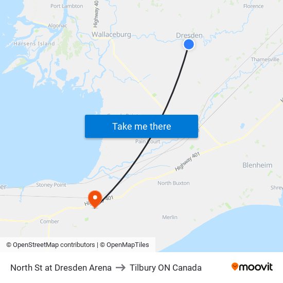 North St at Dresden Arena to Tilbury ON Canada map