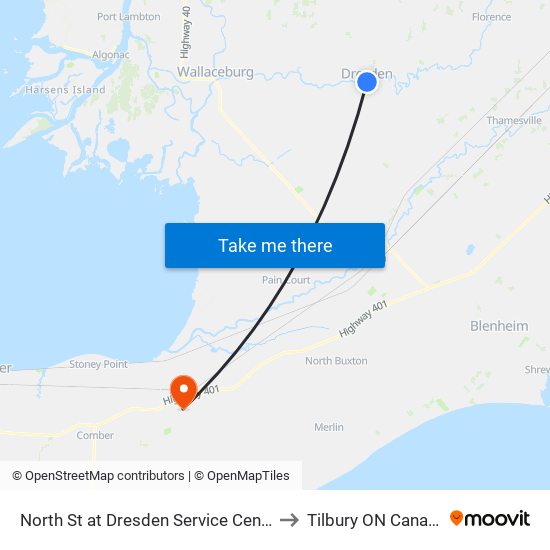 North St at Dresden Service Centre to Tilbury ON Canada map