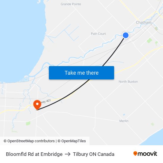 Bloomfld Rd at Embridge to Tilbury ON Canada map