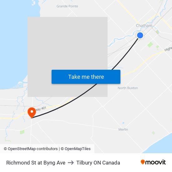 Richmond St at Byng Ave to Tilbury ON Canada map