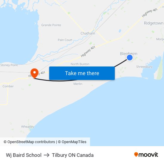 Wj Baird School to Tilbury ON Canada map