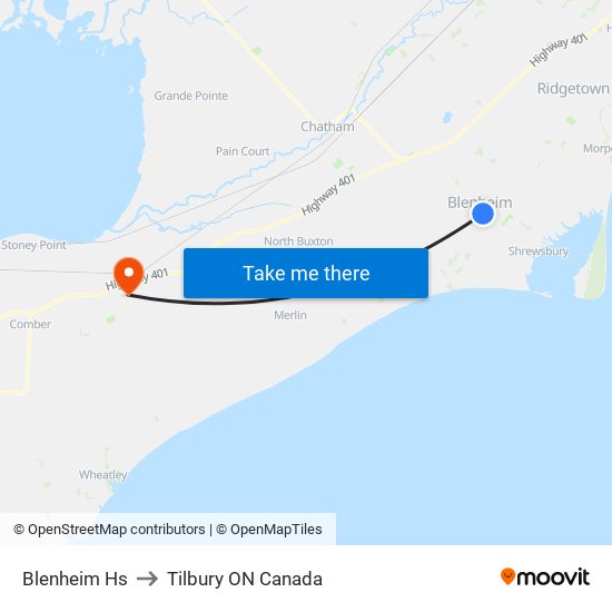 Blenheim Hs to Tilbury ON Canada map