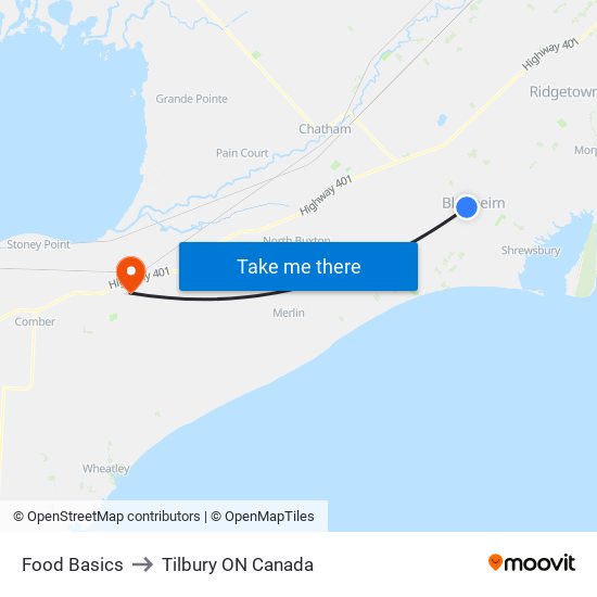 Food Basics to Tilbury ON Canada map