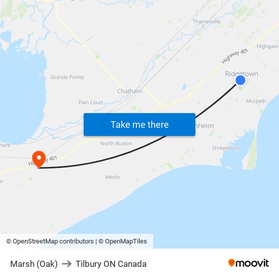 Marsh (Oak) to Tilbury ON Canada map