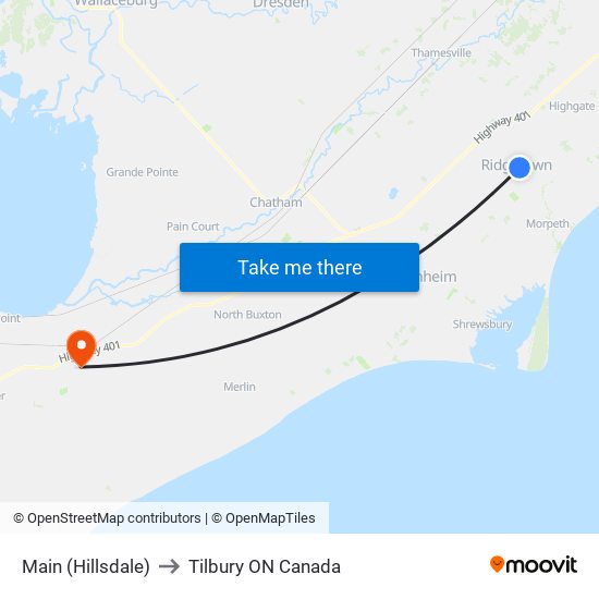 Main (Hillsdale) to Tilbury ON Canada map