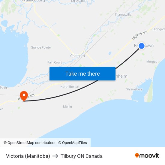 Victoria (Manitoba) to Tilbury ON Canada map