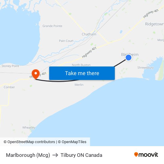 Marlborough (Mcg) to Tilbury ON Canada map