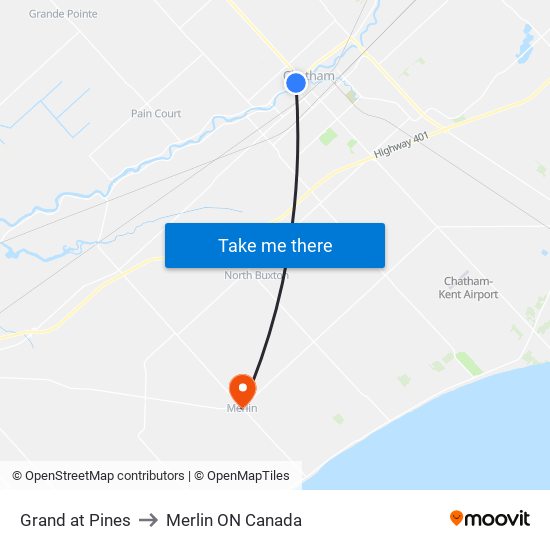Grand at Pines to Merlin ON Canada map
