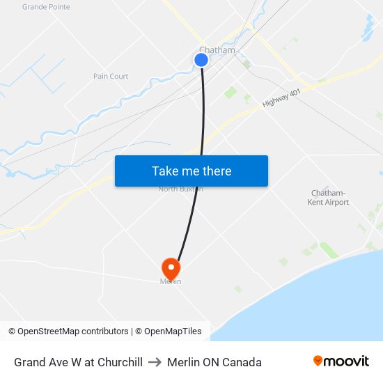 Grand Ave W at Churchill to Merlin ON Canada map