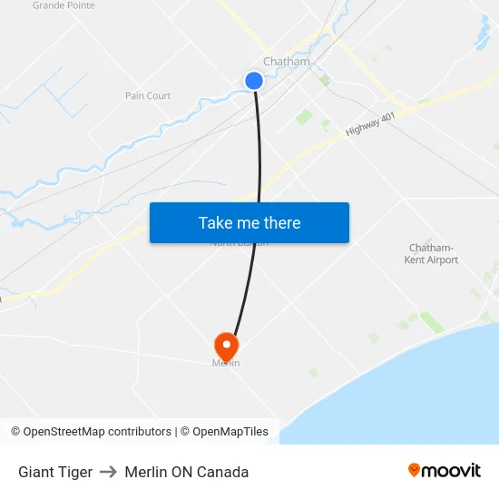 Giant Tiger to Merlin ON Canada map