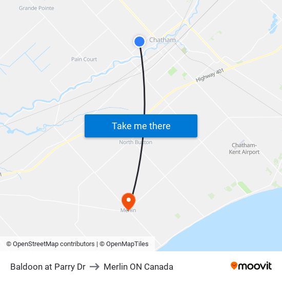 Baldoon at Parry Dr to Merlin ON Canada map