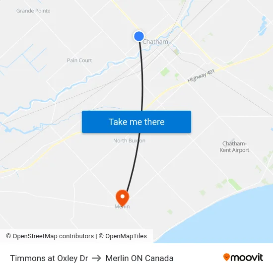 Timmons at Oxley Dr to Merlin ON Canada map