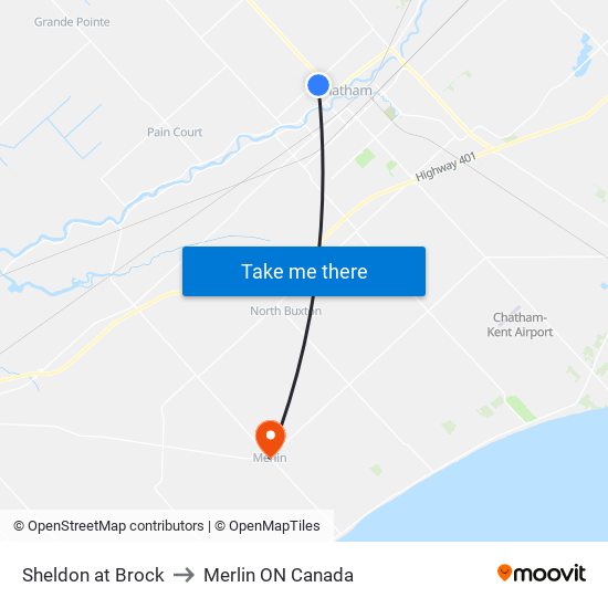 Sheldon at Brock to Merlin ON Canada map