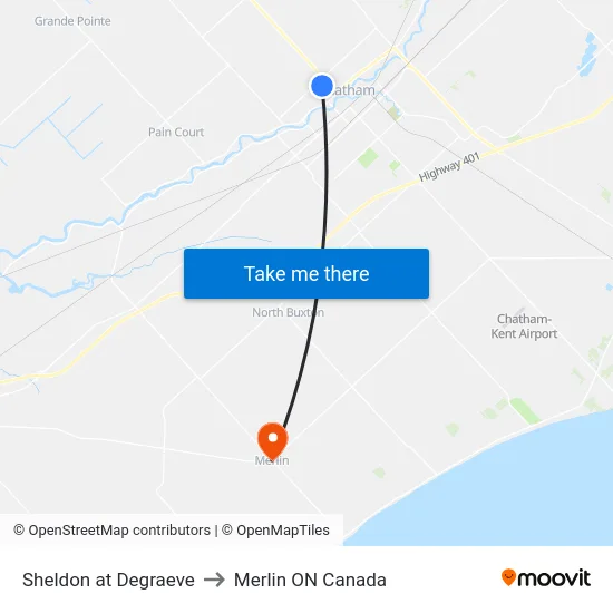 Sheldon at Degraeve to Merlin ON Canada map