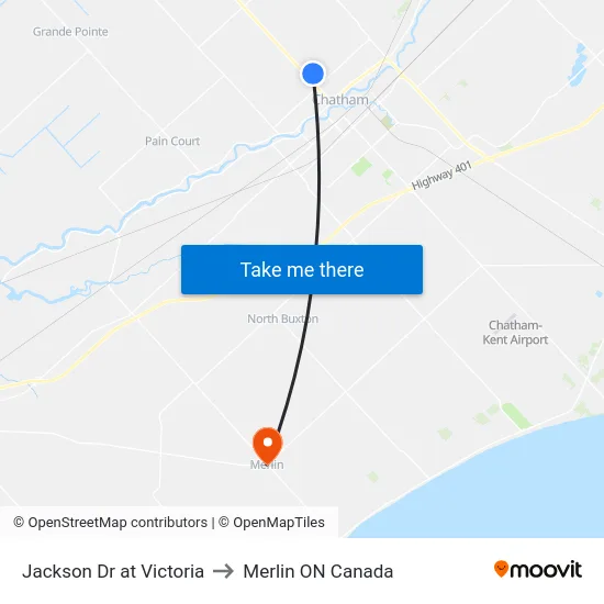 Jackson Dr at Victoria to Merlin ON Canada map