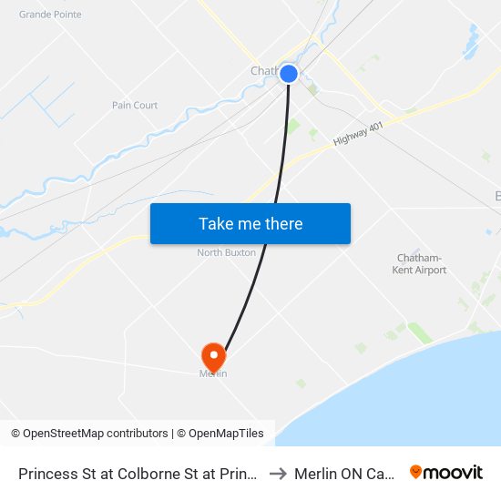 Princess St at Colborne St at Princess St to Merlin ON Canada map