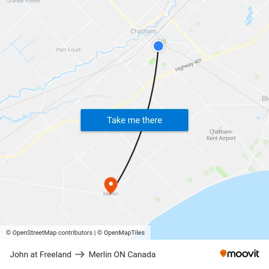 John at Freeland to Merlin ON Canada map