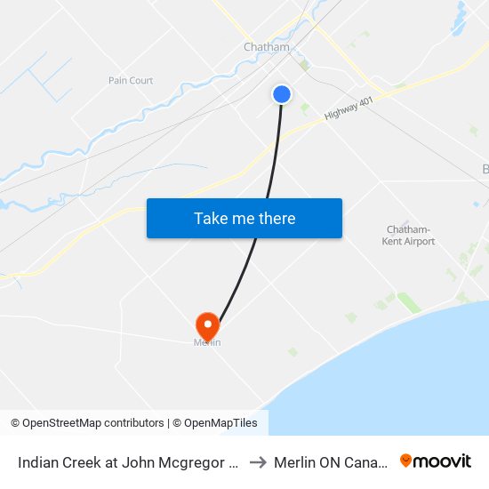 Indian Creek at John Mcgregor Hs to Merlin ON Canada map